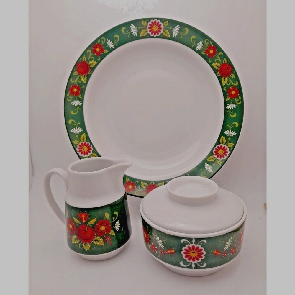 Winterling Bavaria Green Red Floral Creamer Sugar Bowl w/ Lid & Serving Bowl